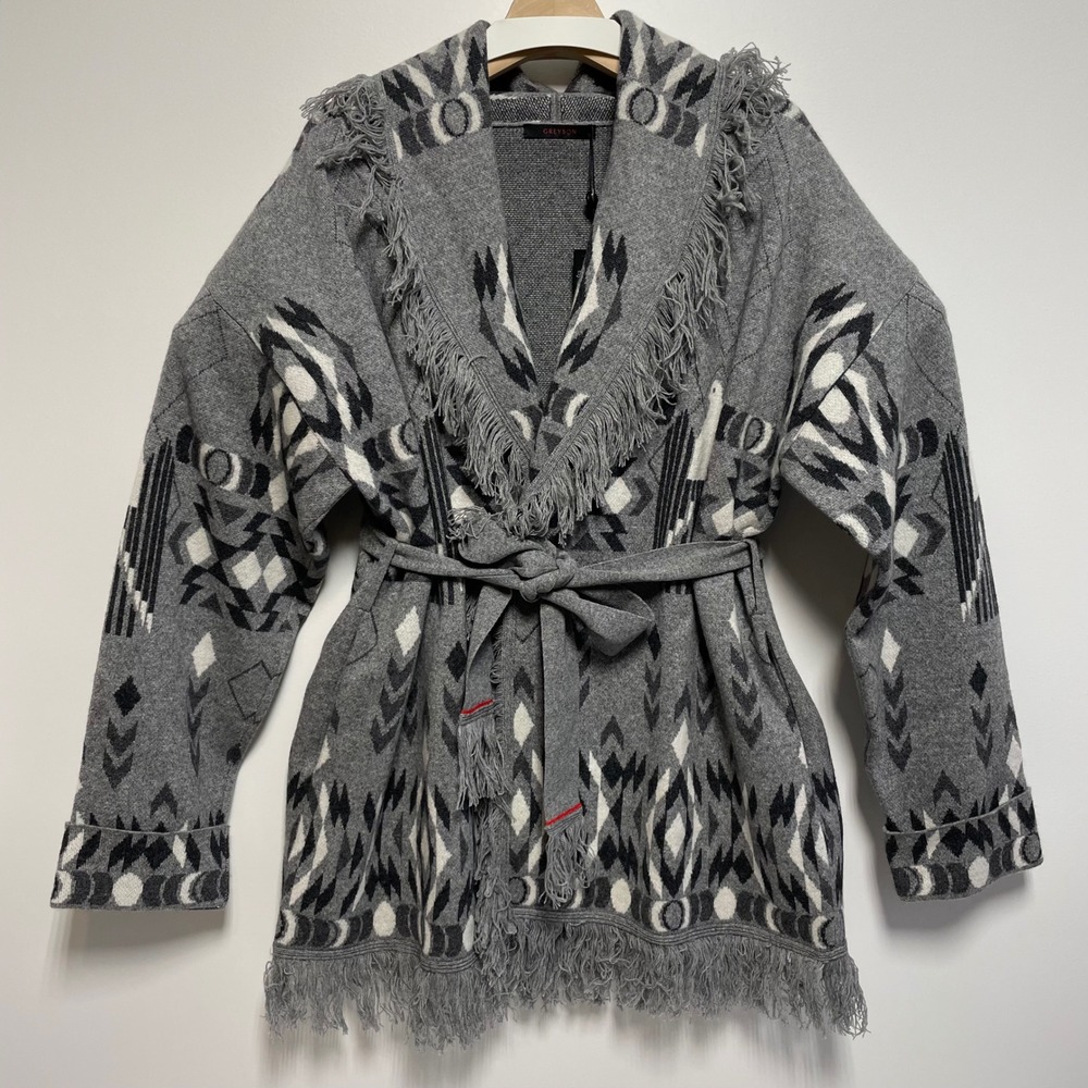 Greyson Womens XL Aztec Cardigan Southwestern Wool Cashmere‎ Fringe Light Gray